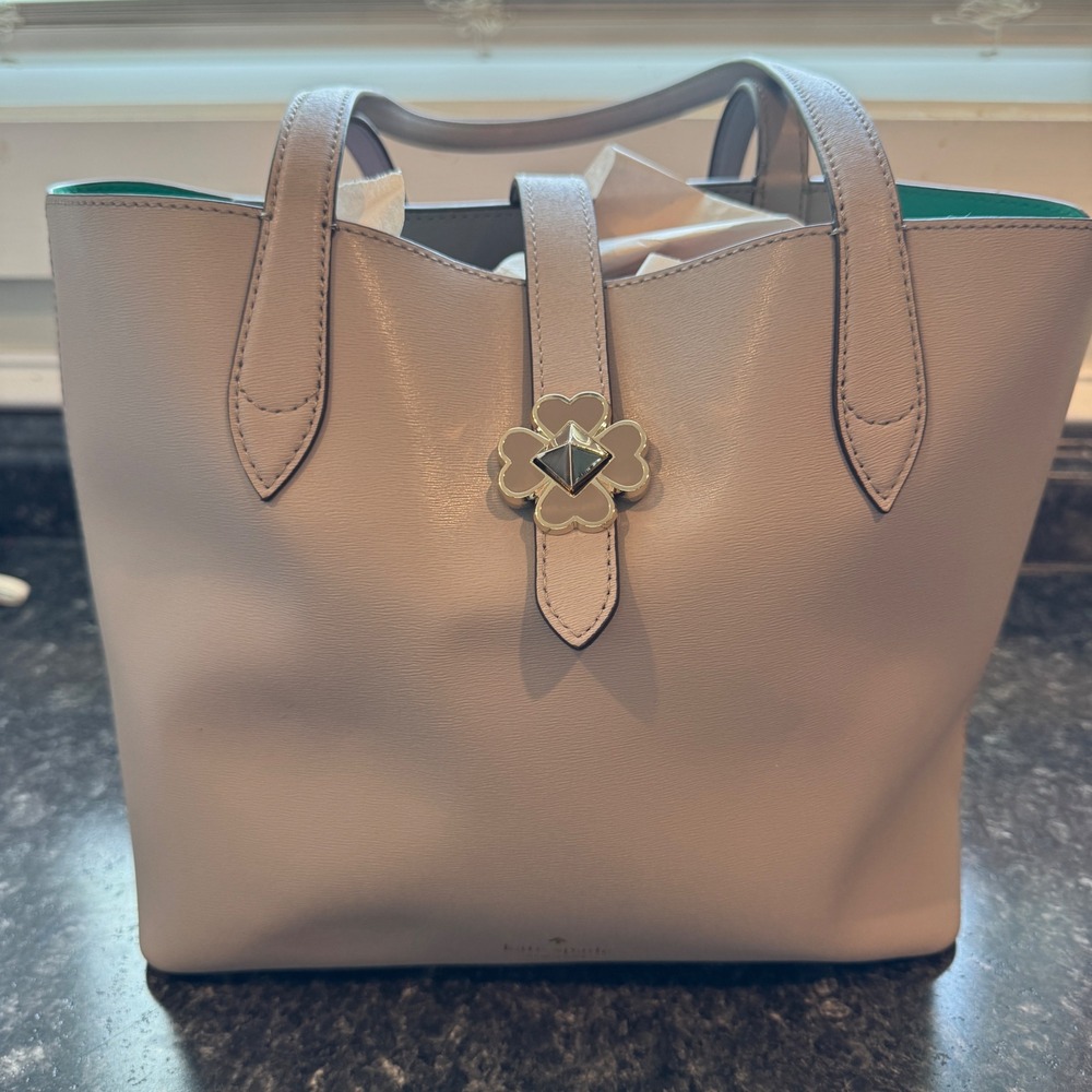 Kate Spade Kaci Small Tote Soft Taupe Leather Green Interior Handbag Purse NWT
